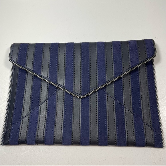 Rebecca Minkoff Navy Stripe Suede and Leather Envelope Clutch - Picture 2 of 11
